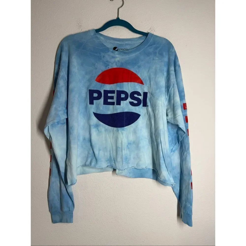 Pepsi Signature Blue Tie Dye Long Sleeve Cropped Tee T-Shirt Women's Size XL